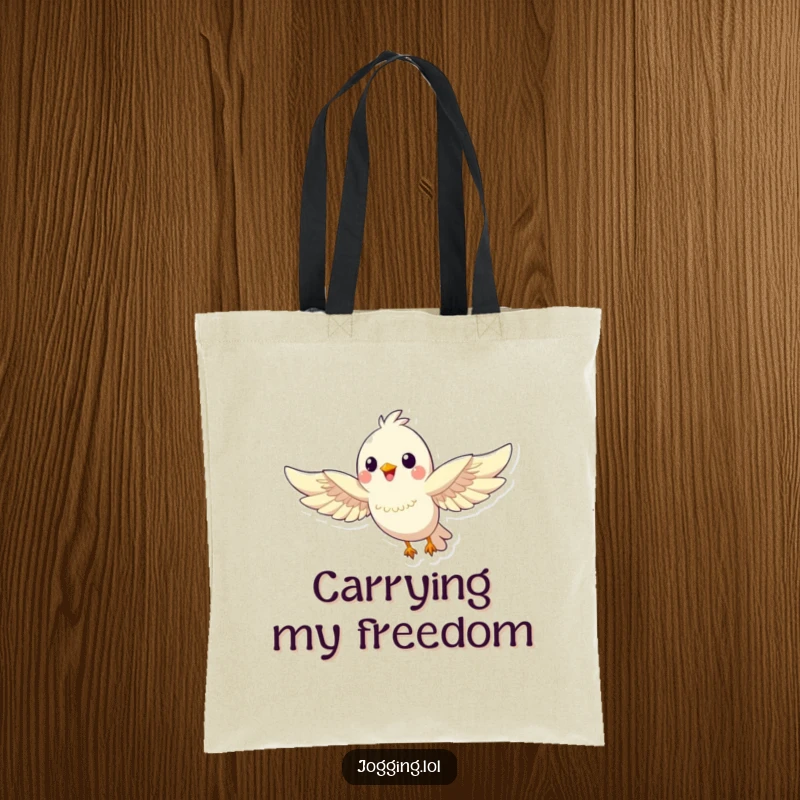 Funny bird tote bag featuring a happy bird character soaring with outstretched wings, adding a humorous and uplifting touch to your carryall.
