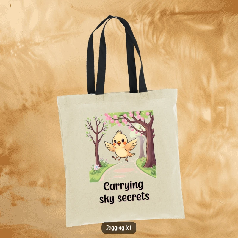 Funny tote bag showcasing a curious bird character playfully swooping over a jogging path, perfect for everyday use with a whimsical theme.