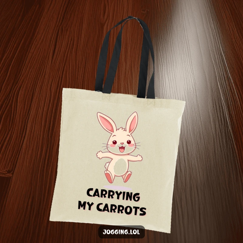 Funny bunny tote bag depicting a happy rabbit sprinting with ears flapping, perfect for carrying groceries with a touch of playful energy.