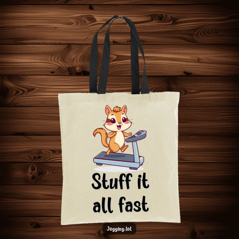 Funny chipmunk runner on a treadmill, illustrated on a tote bag, conveying speed and energy for humorous, practical everyday use.