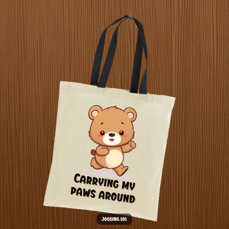 Funny tote bag featuring a curious bear cub character's hesitant jog, eyes on its paws, perfect for humorous everyday carry.