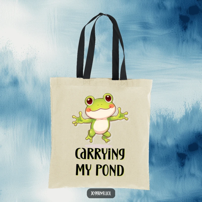 Funny frog tote bag featuring a playful frog character hopping with humorous enthusiasm, adding a fun and energetic touch to your carryall.