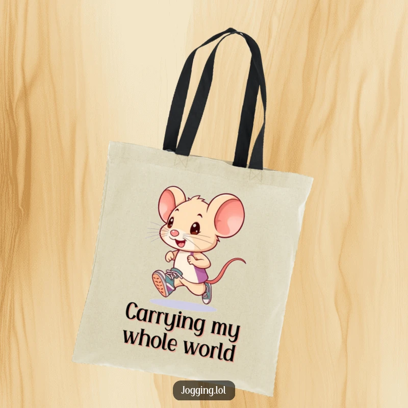 Funny little mouse runner in tiny sneakers, illustrated on a tote bag, designed for humorous and practical carrying of everyday items.