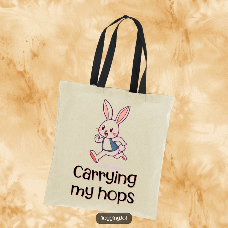 Funny tote bag displaying a cheerful rabbit jogger in a lively hopping motion, embodying fun and functionality.