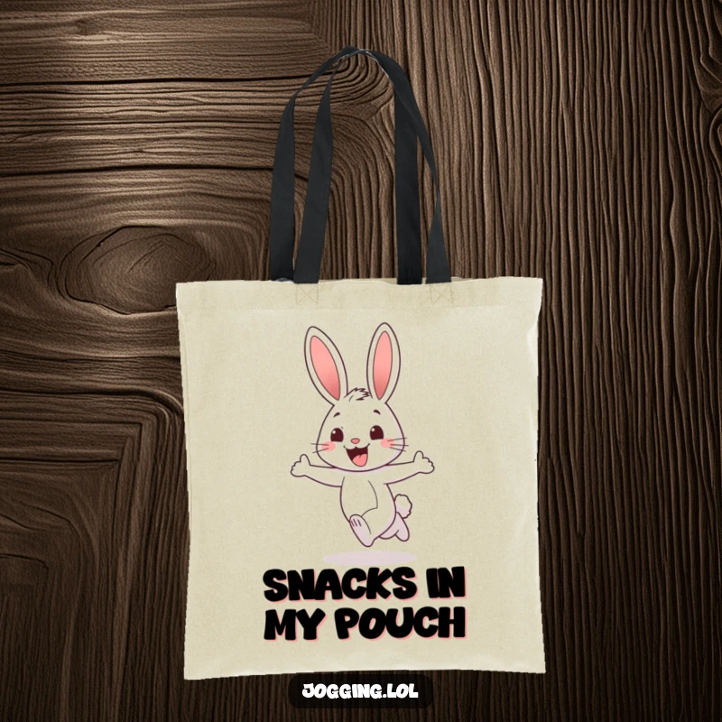 Funny rabbit tote bag depicting a cheerful character jogging with a wide, excited grin, perfect for carrying items with a smile, a humorous present.