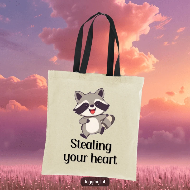 Funny tote bag illustrating a joyful raccoon with legs churning rapidly, ideal for carrying essentials with a humorous and high-energy vibe.