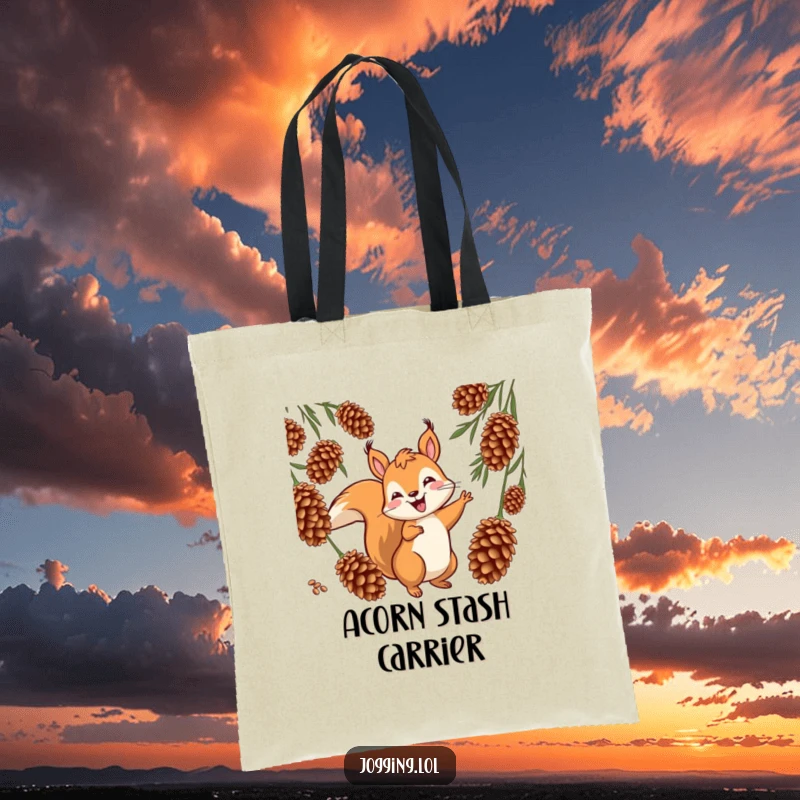 Funny squirrel tote bag depicting a jovial character weaving playfully between cones, perfect for carrying items with a smile, a humorous present.