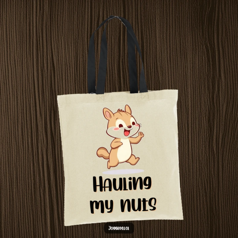 Funny tote bag with a cheerful squirrel vigorously pumping its tiny arms while jogging, a vibrant and fun accessory.