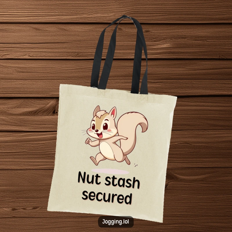 Funny tote bag depicting a playful squirrel character bounding with exertion, ideal for carrying groceries or daily essentials with humor.