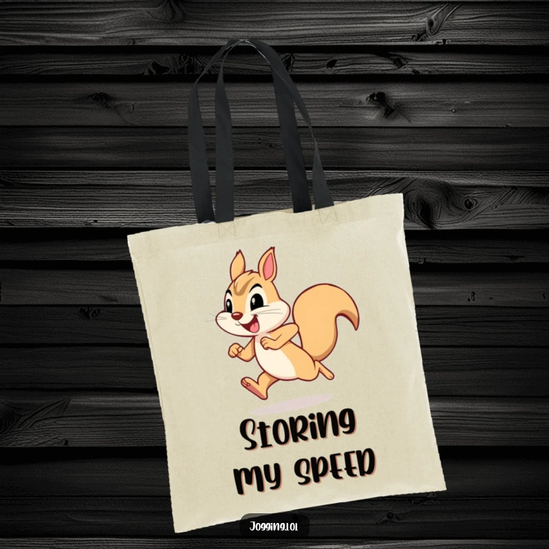 Funny squirrel tote bag featuring a joyful squirrel character in a determined sprint, adding a humorous and energetic touch to your carryall.